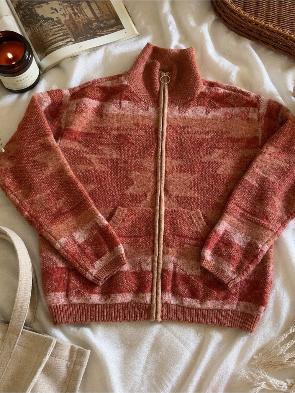 Lucky Brand Women’s Medium Pink Rust Patterned Full Zip Sweater Wool Blend